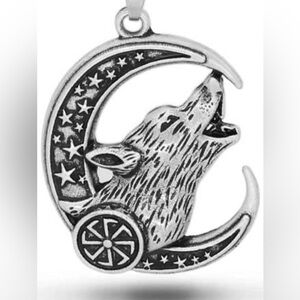 Howling Wolf Crescent Moon Pendent - Anubis/Thoth Silver Tone